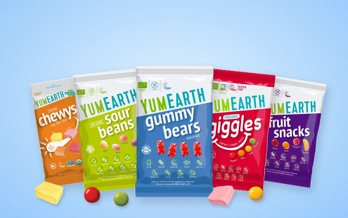 YumEarth organic soft candy: chewys, sour beans, gummy bears, giggles and fruit snacks