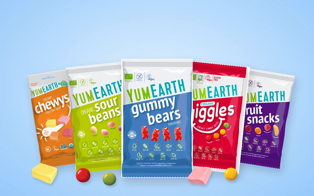 YumEarth organic soft candy: chewys, sour beans, gummy bears, giggles and fruit snacks