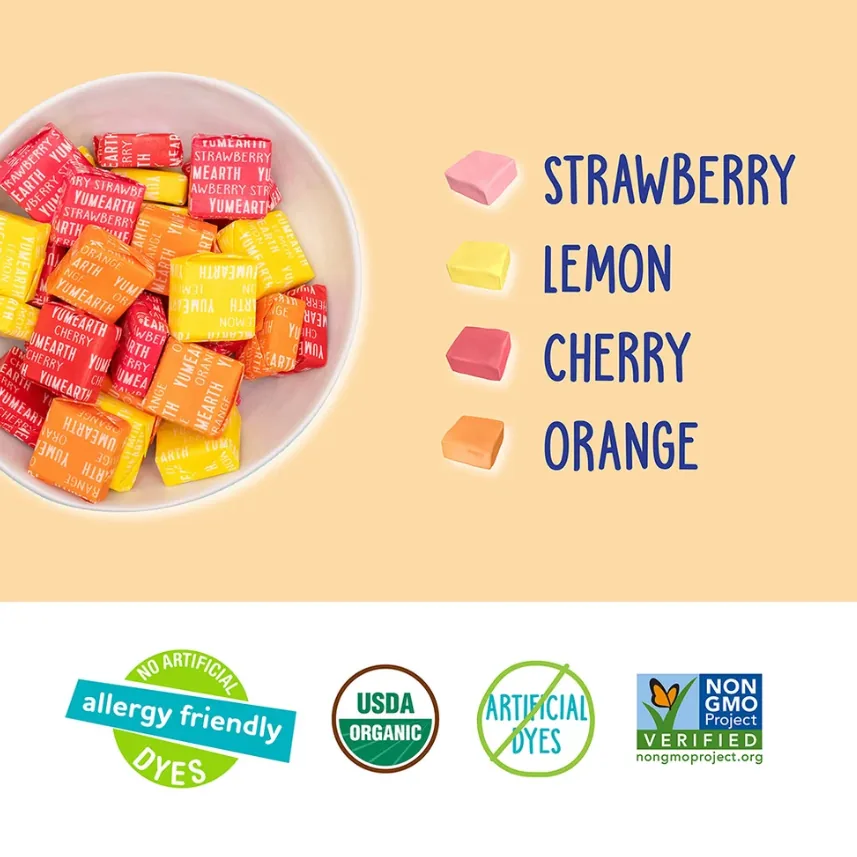 YumEarth Organic Chewys flavours: strawberry, lemon, cherry, orange