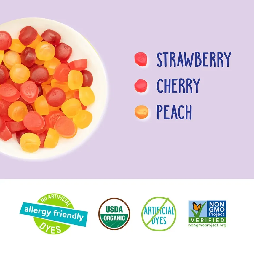 YumEarth Organic Fruit Snacks flavours: strawberry, cherry, peach