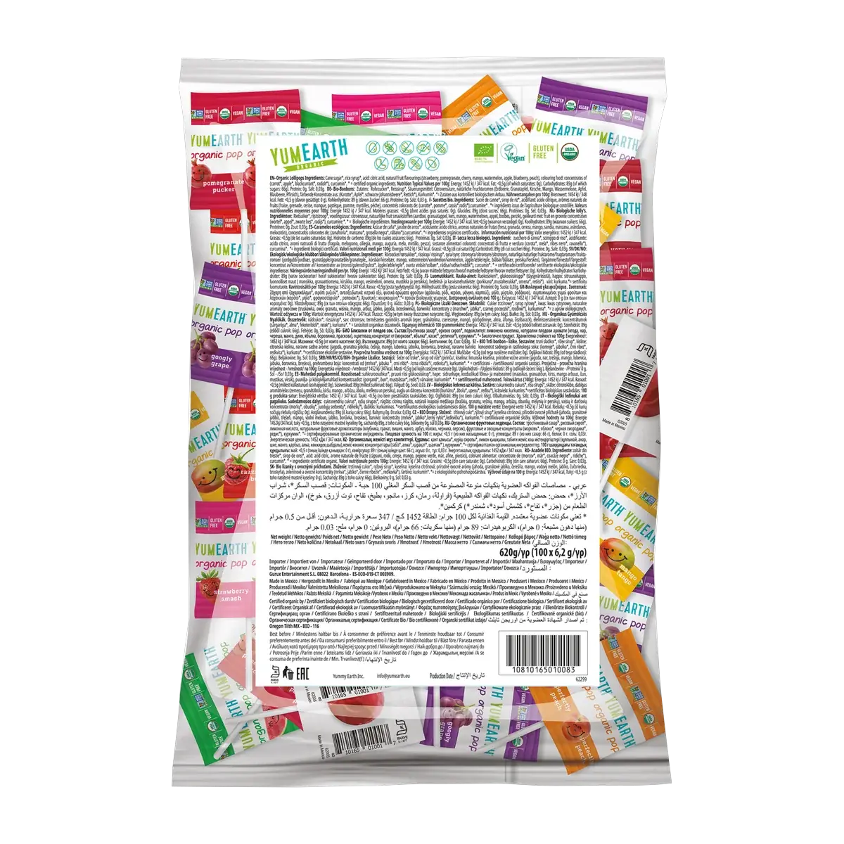 YumEarth Organic Assorted Lollipops 100 pops bag, back with ingredients