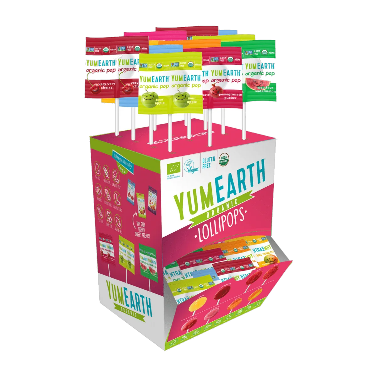 YumEarth Organic Assorted Lollipops 100 pops counter display stand
