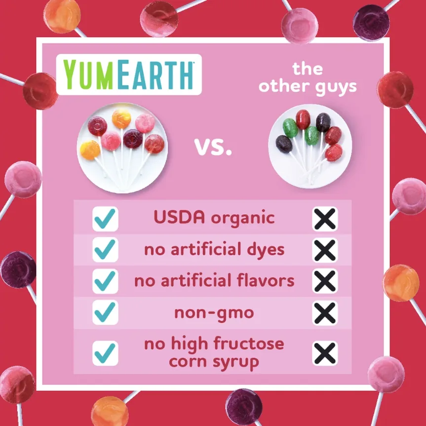 YumEarth organic lollipops vs the other guys: USDA organic, no artificial dyes or flavours