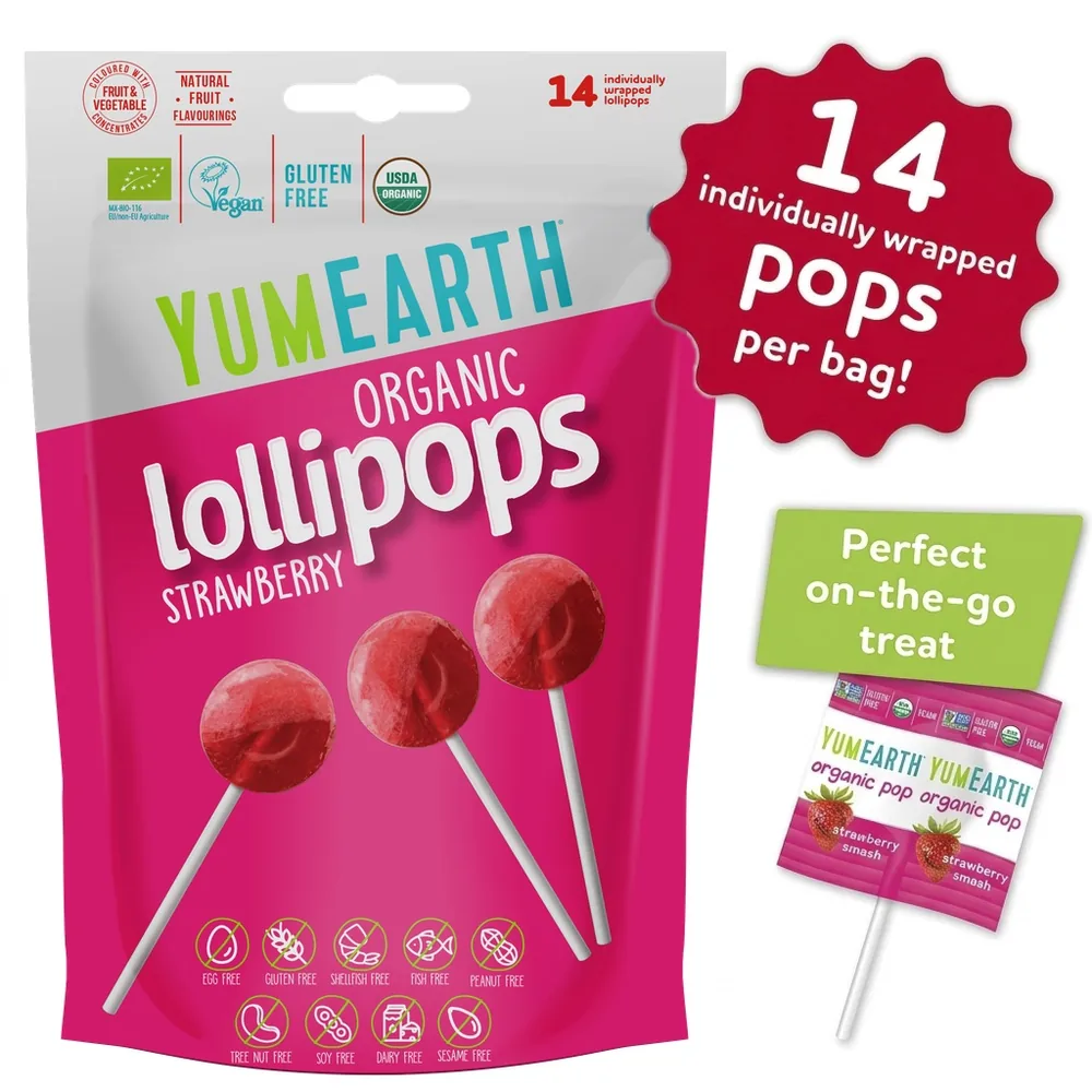 YumEarth Organic Strawberry Lollipops, 14 individually wrapped pops